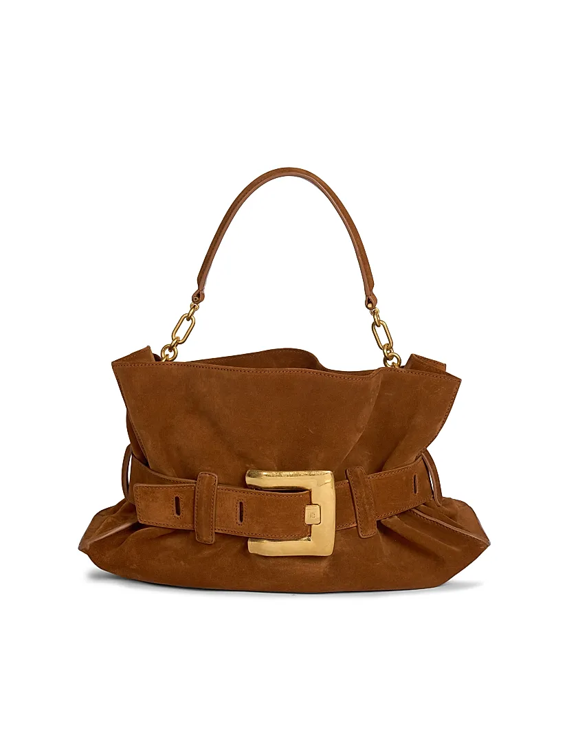Balmain Anthem Medium Suede Shoulder Bag