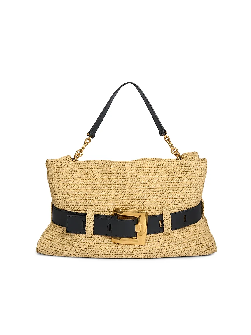 Balmain Anthem Medium Straw Shoulder Bag