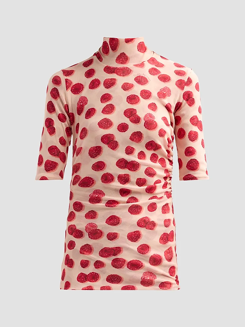 Stella Mccartney Raspberry-Print Gathered Mesh Top