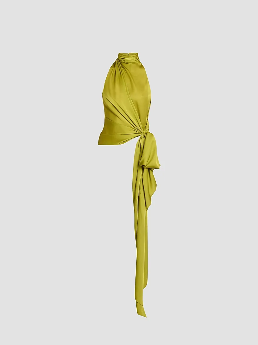Balmain Turtleneck Bow Silk Charmeuse Sleeveless Top