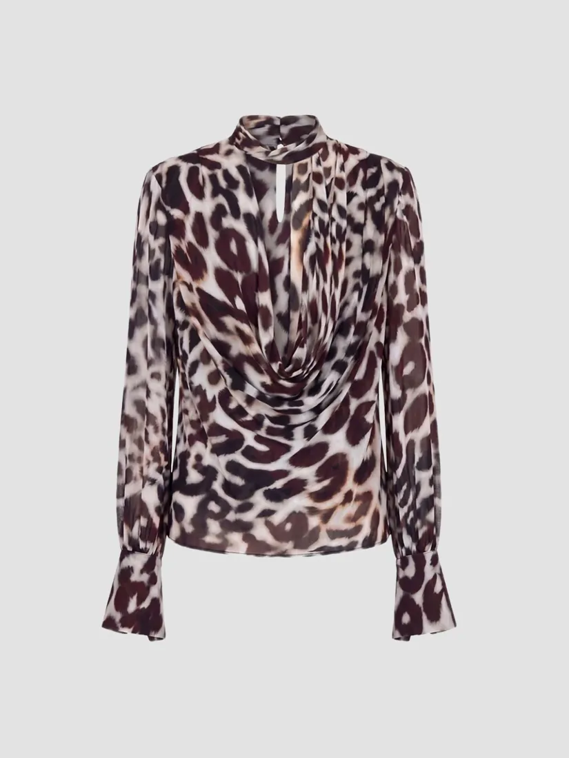 Nicholas Amara Leopard-Print Double-Layer Cowl Blouse