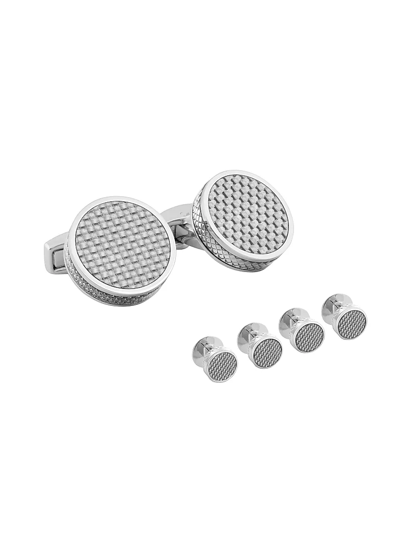 Tateossian Round Patterned Carbon Fiber Stud Set