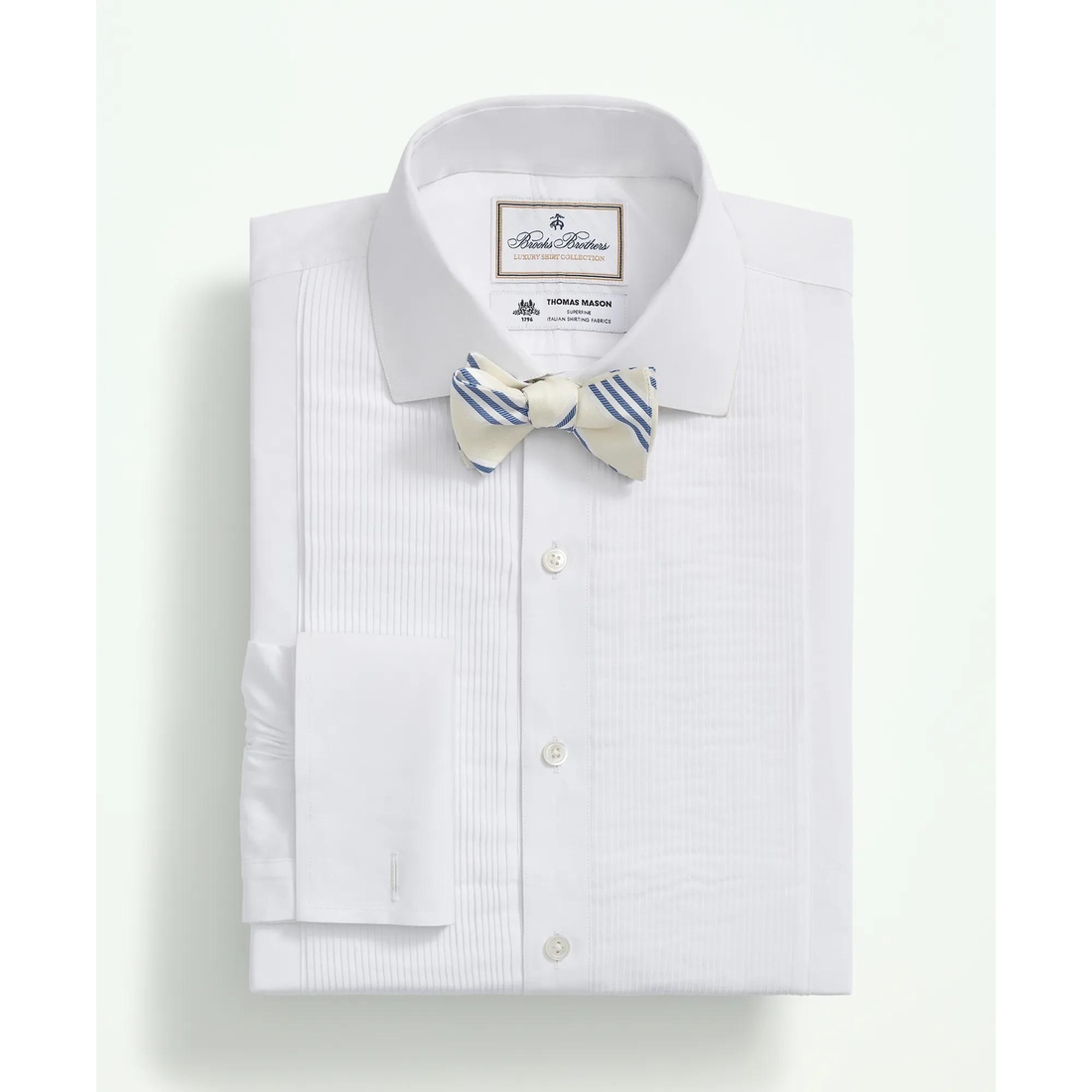 Brooks Brothers X Thomas Mason Cotton English Collar, Swiss Pleat Front Tuxedo Shirt available now at King of Prussia Brooks Brothers X Thomas Mason Cotton English Collar, Swiss Pleat Front Tuxedo Shirt available now at King of Prussia